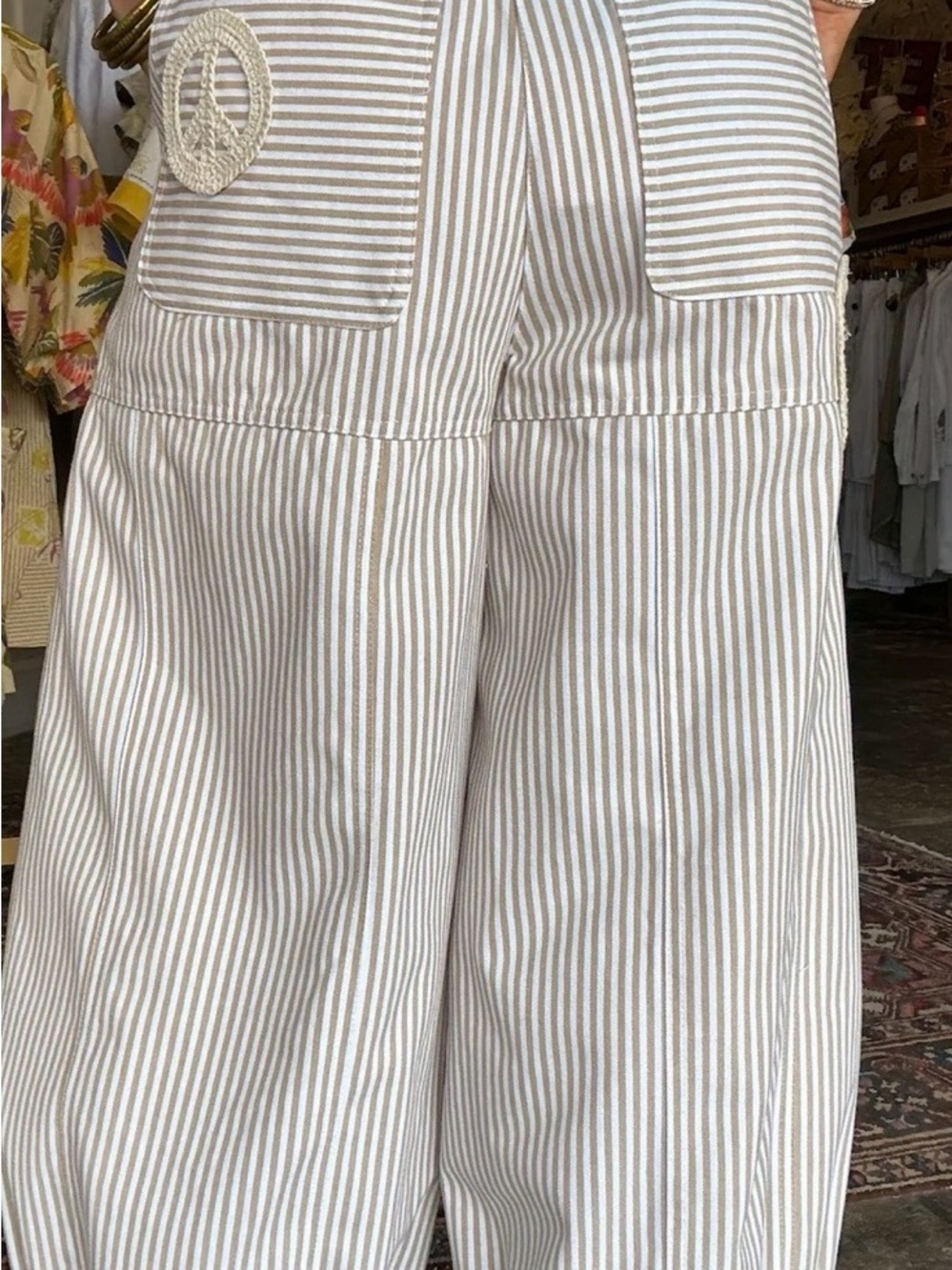 DAVI & DANI Taupe and White Striped Wide-Leg Peace Patch Pants - Picture 5 of 10